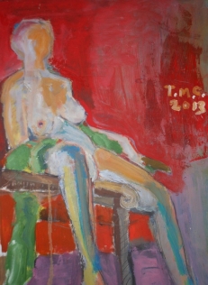 "Model in Chair on Red Ground" 24' X 36" Oil on paper: SOLD